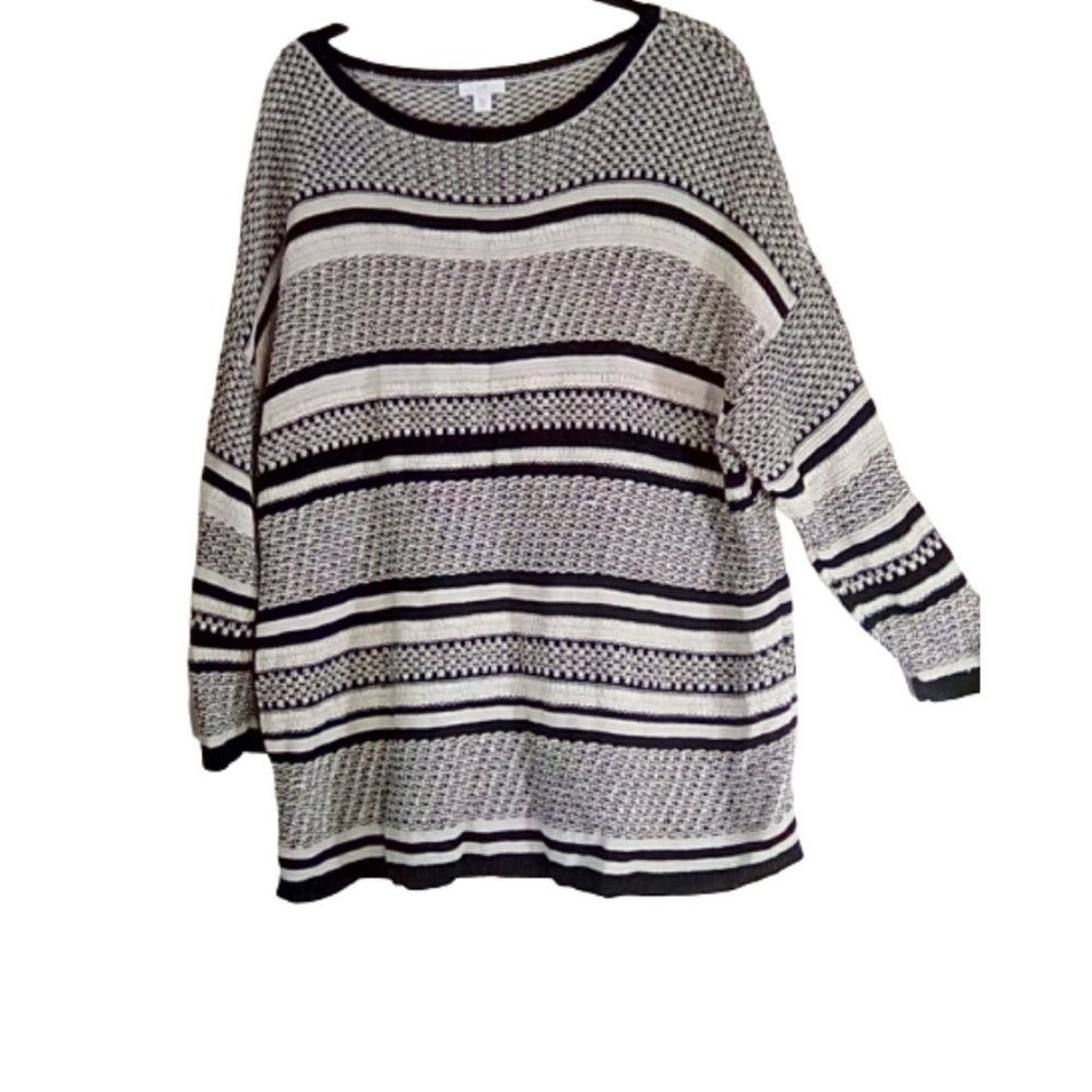 J Jill Linen Blend Top XL Pullover Knit Striped Black White Gray